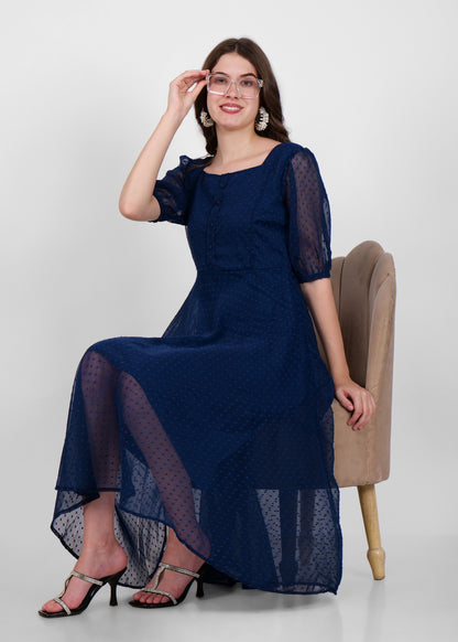 Hiza Blue Dobby Georgette Fit & Flare Dress