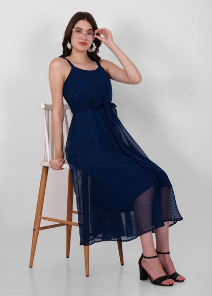 Hiza Blue Dobby Georgette Fit & Flare Dress