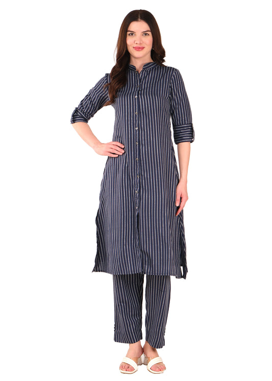 Hiza Women's Ethnic Co-Ord Set Cotton Blend Top and Pant | Two-Piece Office Wear Co-Ord Set | Stylish Striped Ethnic Wear for Women Blue