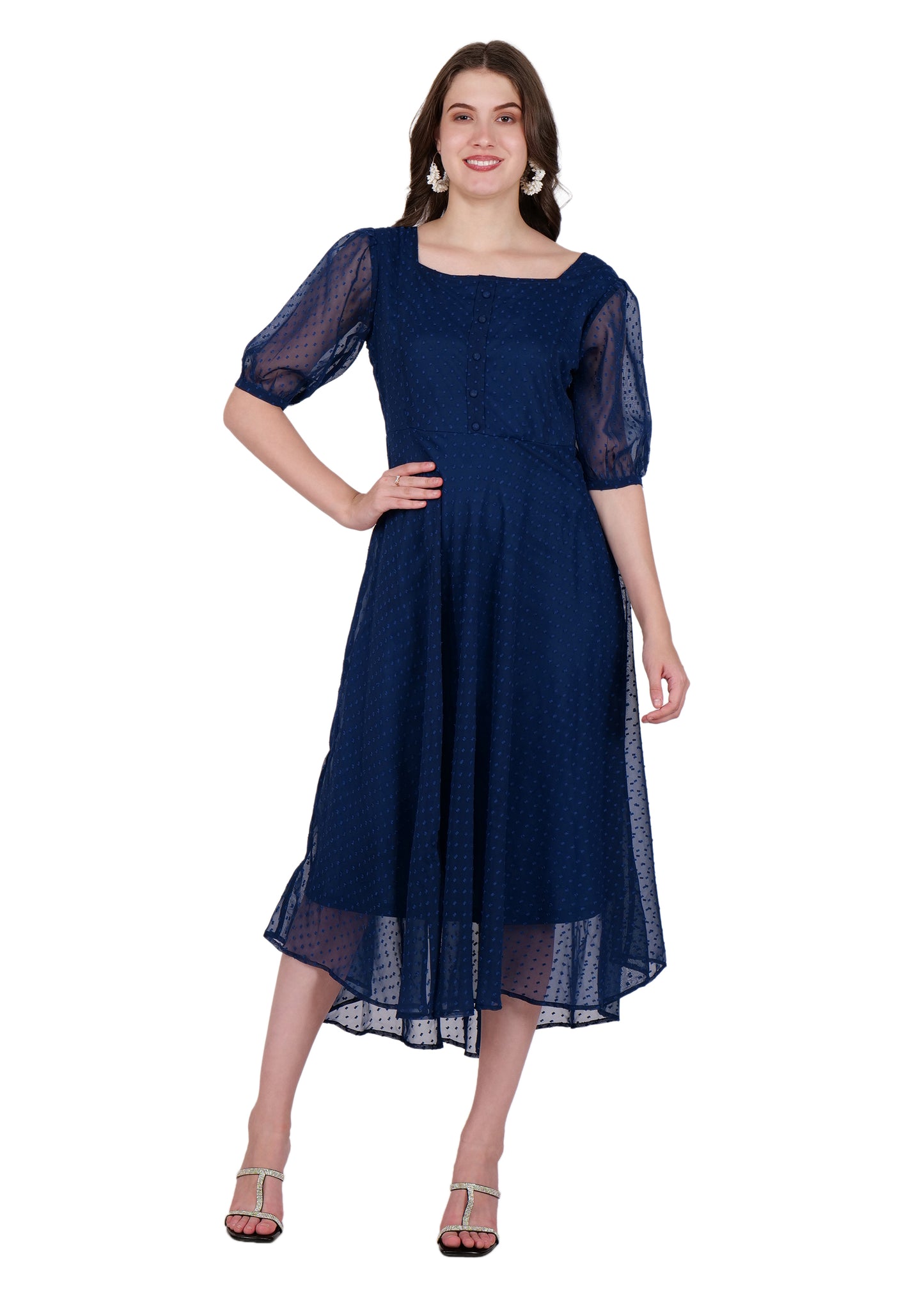 Hiza Blue Dobby Georgette Fit & Flare Dress