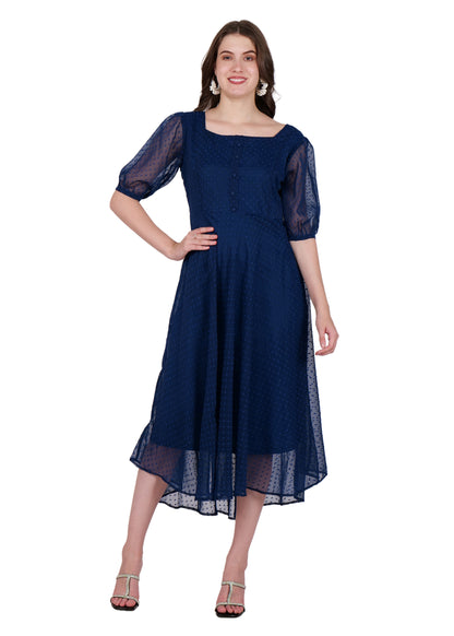 Hiza Blue Dobby Georgette Fit & Flare Dress