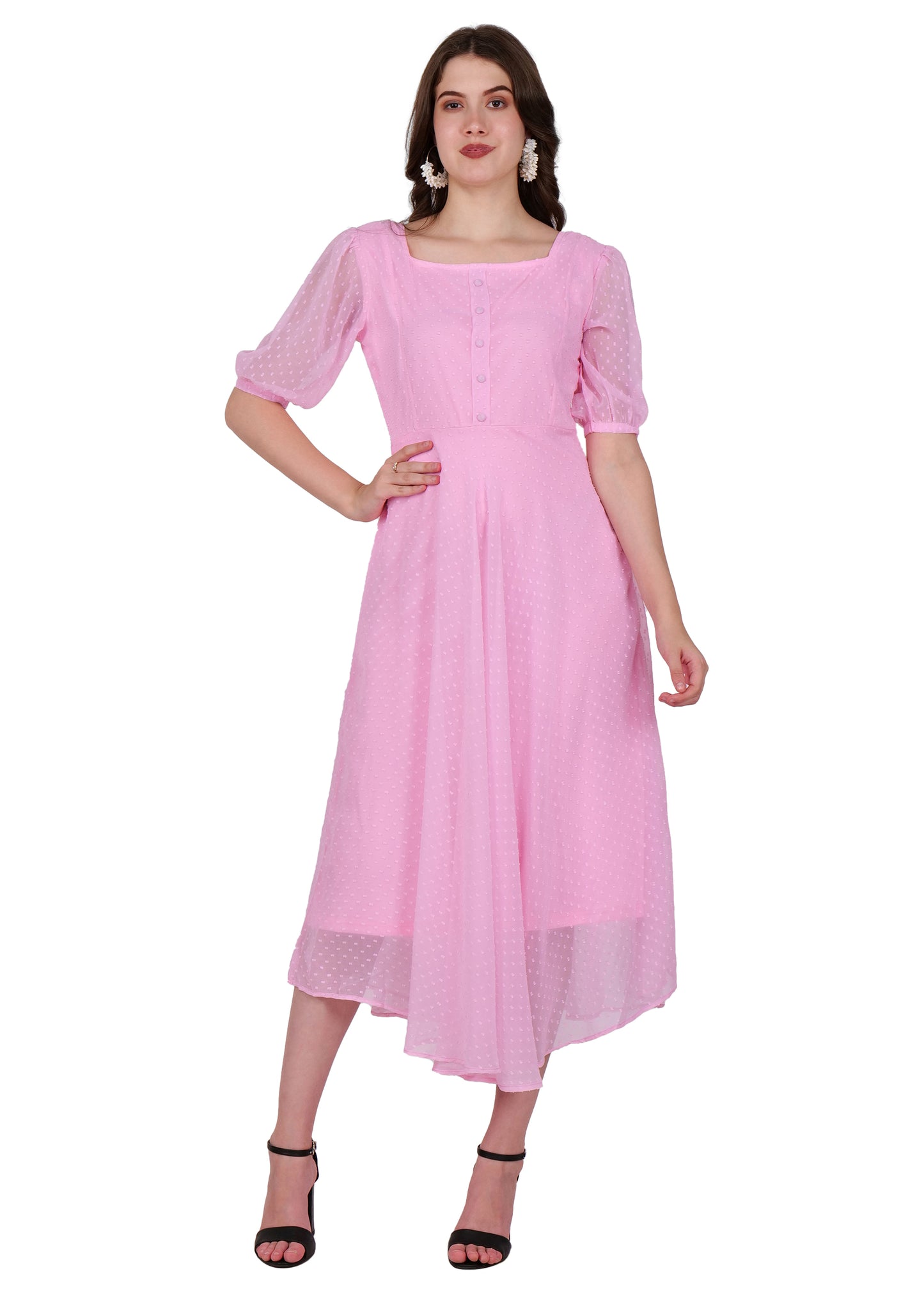 Hiza Pink Dobby Georgette Fit & Flare Dress